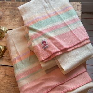 Vintage Striped Wool Blanket Lot of 2 Pastel